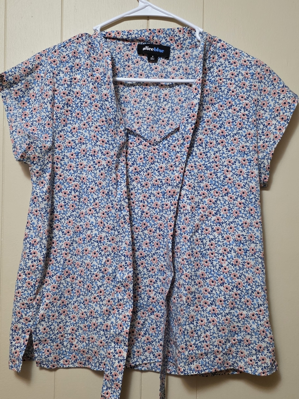 Alice Blue Pink and Blue Floral Tie-Front Short Sleeve Blouse